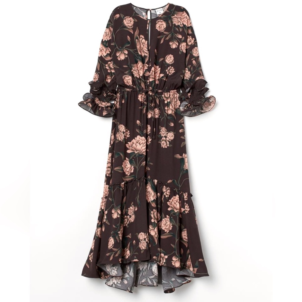 Johanna Ortiz x H&M Crepe Ruffled Dress -Brown/Burgundy/Peach Floral Print S NWT